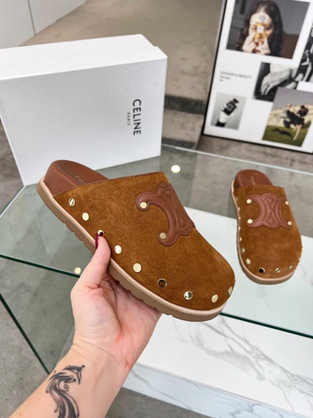 CELINE Calfskin Leather Triomphe Embossed Mules Slides Slippers - Picture 6 of 8